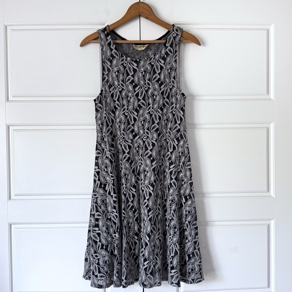 Free People Boho Floral Lace Mini Skater Dress Medium Black Dainty Sheer Fairy